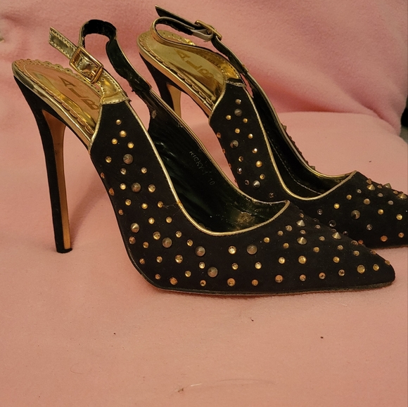 Ladies Alba Size 10 strappy black and gold studded stilettos heels - Picture 2 of 11